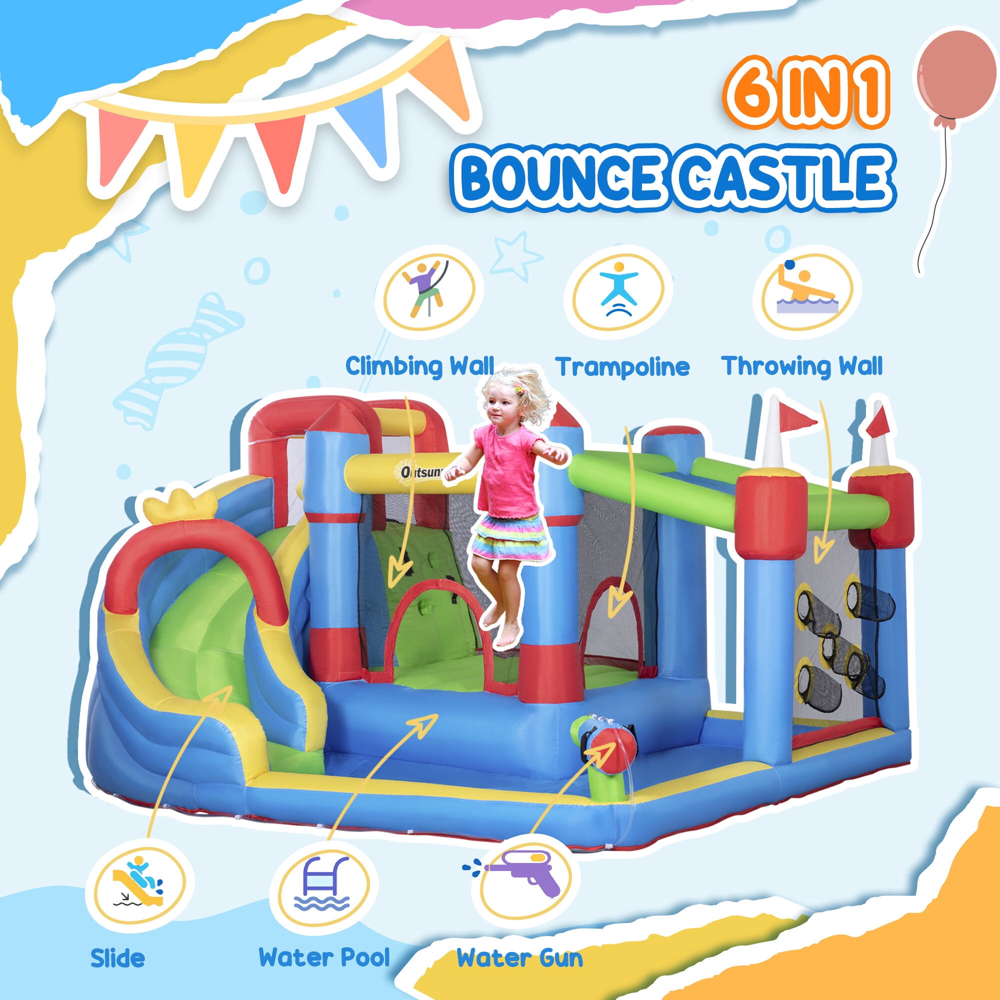 Kids Outdoor Toys, 6-in-1 Inflatable Bounce House with Slide, Climbing Wall, Water Cannon, and More, Inflatable Water Slide for Kids with 2 Min. Inflation with Inflator, Outdoor Play Equipment