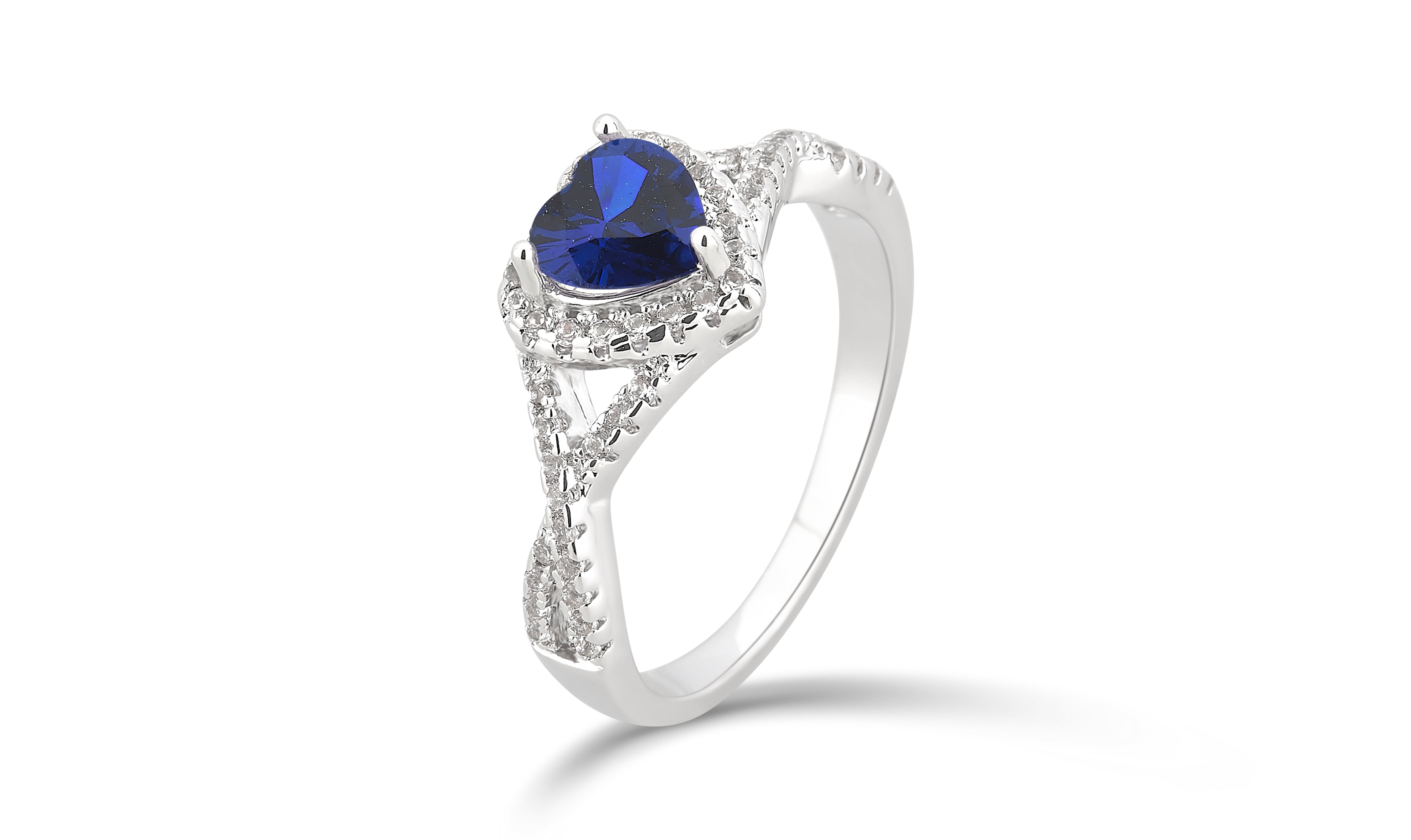 Arista Created Blue Sapphire and White Sapphire Fashion Heart Engagement Ring in Silver Overlay