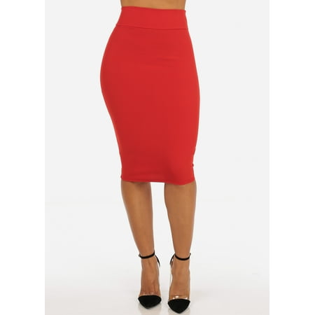 Linen Unlined Skirt (Womens Juniors Casual Basic MUST HAVE High Waisted Unlined Stretchy Pencil Knee Length Coral Bodycon Midi Skirt)