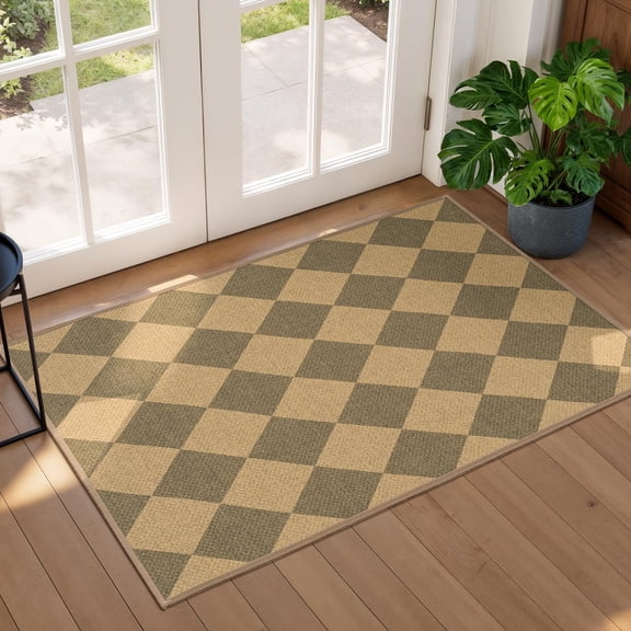 KKFEN-Entryway Rug 2x3, Washable Easy Jute Checkered Rug, Non Slip Indoor Outdoor Front Door Mats for Kitchen Bathroom Bedroom, Farmhouse Non Shed Carpet, Diamond Brown/Beige