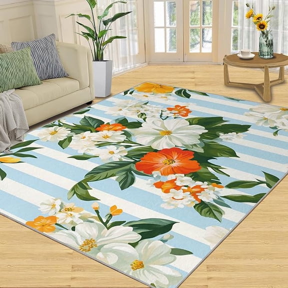 Flowers Area Rug, Blue Stripes Rugs for Bedroom, Washable Rug, Low-Pile & Non Slip, Indoor Carpet & Living Room Decor 4 x 6ft
