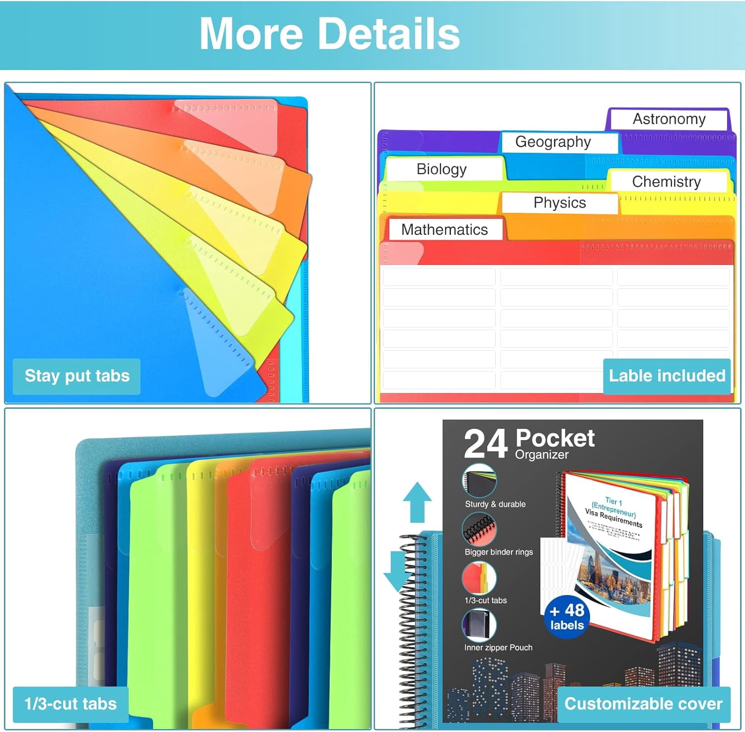 24 Pocket Project Organizer, 1/3-cut Tab Binder Organizer with Sticky Labels, Multi Pocket Folder with Zipper Pouch, Folder Binder Spiral Pocket Notebook, Office Supplies