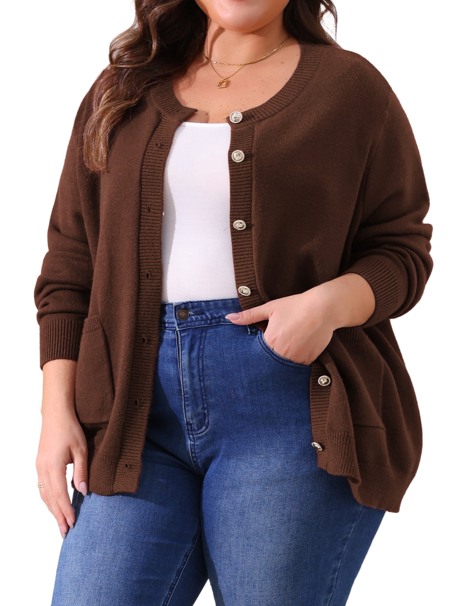 DARING DIVA Women's Plus Size Button Down Crew Neck Cardigan Sweater 3X Dark Brown