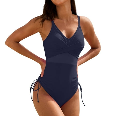MGCWSH Women s One Piece Swimsuits Tummy Control Cutout High Waisted Bathing Suit Wrap Tie Back 1 Piece Swimsuit Navy M