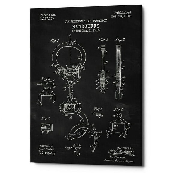 Epic Graffiti "Handcuffs Blueprint Patent Chalkboard" Giclee Canvas Wall Art, 12" x 18" 18" x 26"