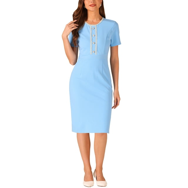 Vestido de mujer corto de manga corta Inspire Chic, vestido ajustado de tweed para el trabajo, vestido lápiz M azul cielo