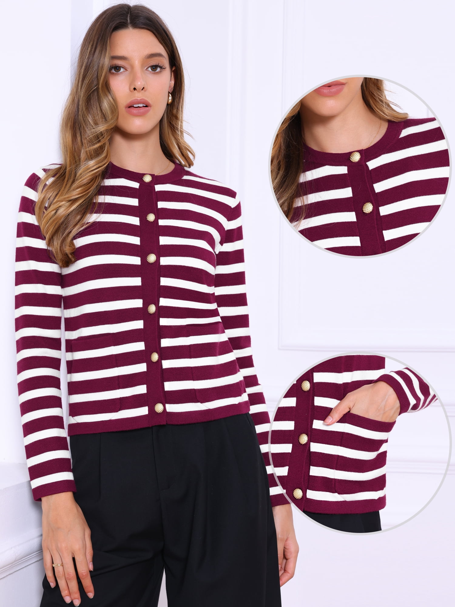 DARING DIVA Women's Striped Button Down Knit Cardigan Sweaters XL Red White