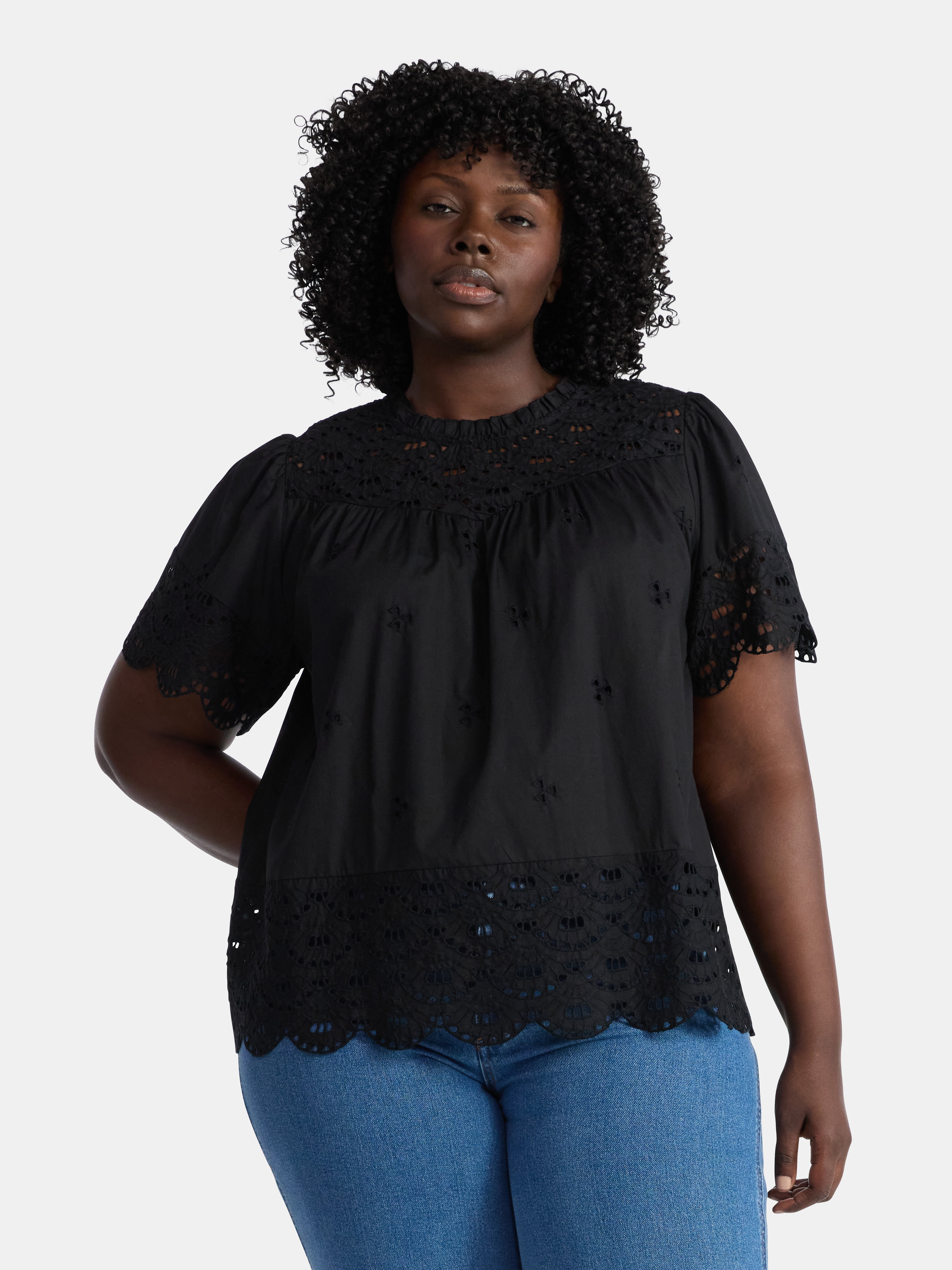 Time and Tru Women's Cotton Eyelet Top with Short Sleeves, Sizes XS-XXXL