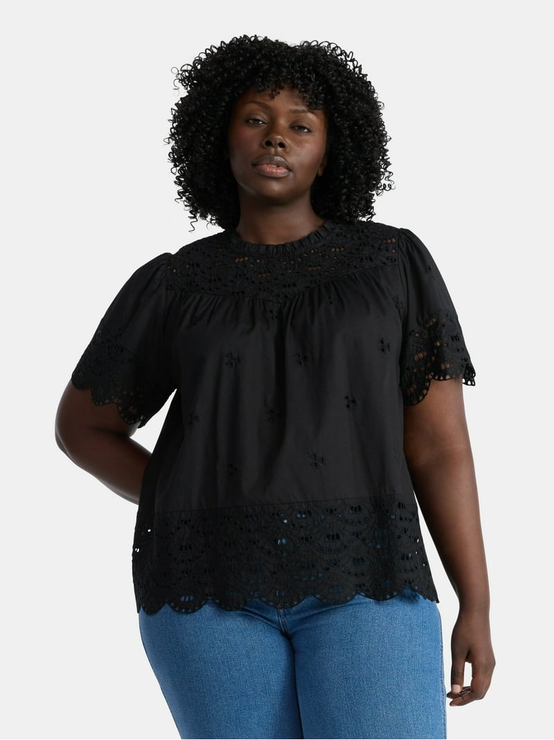 Time and Tru Women's Cotton Eyelet Top with Short Sleeves, Sizes