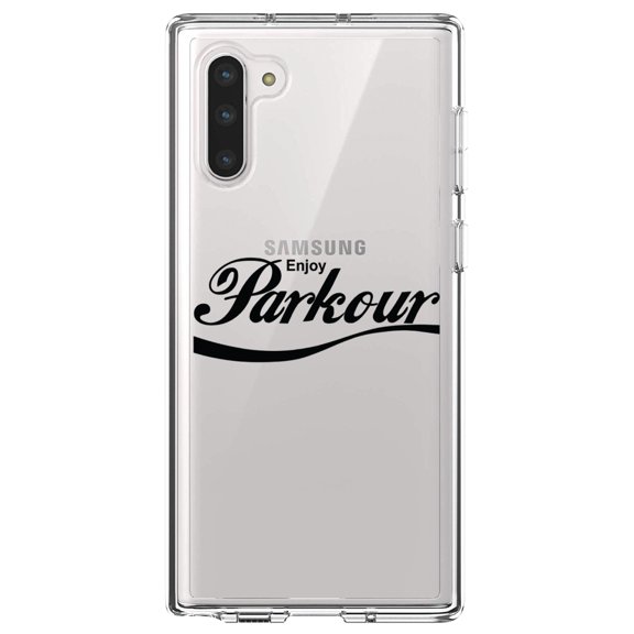 DistinctInk Clear Shockproof Hybrid Case for Samsung Galaxy Note 10 (6.3" Screen) - TPU Bumper Acrylic Back Tempered Glass Screen Protector - Enjoy Parkour