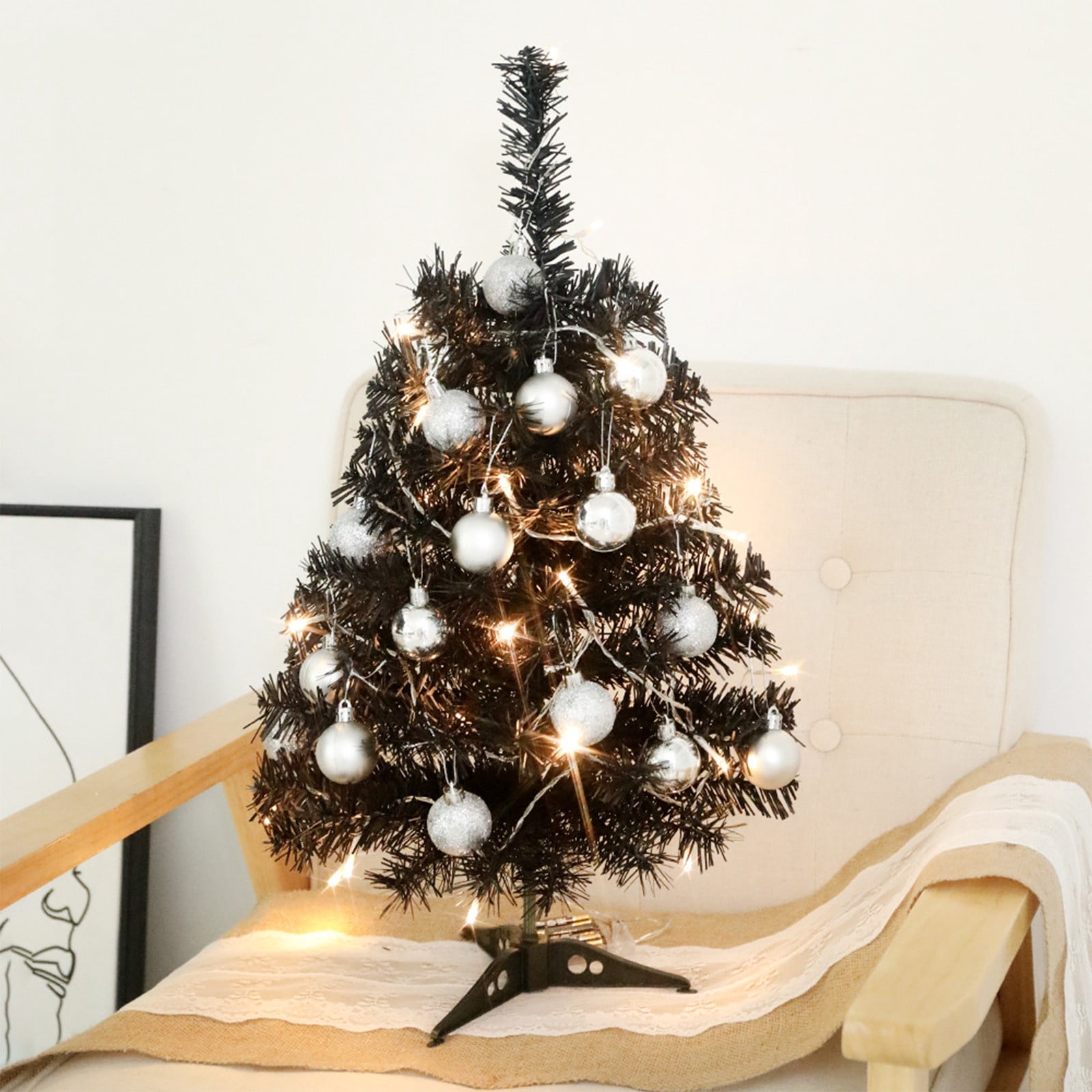 CASAFUN Mini Black Christmas Tree, Tabletop Christmas Tree with Light and Ornament, Pre-Lit Desktop Christmas Tree Xmas Tree for Christmas Decoration Supplies