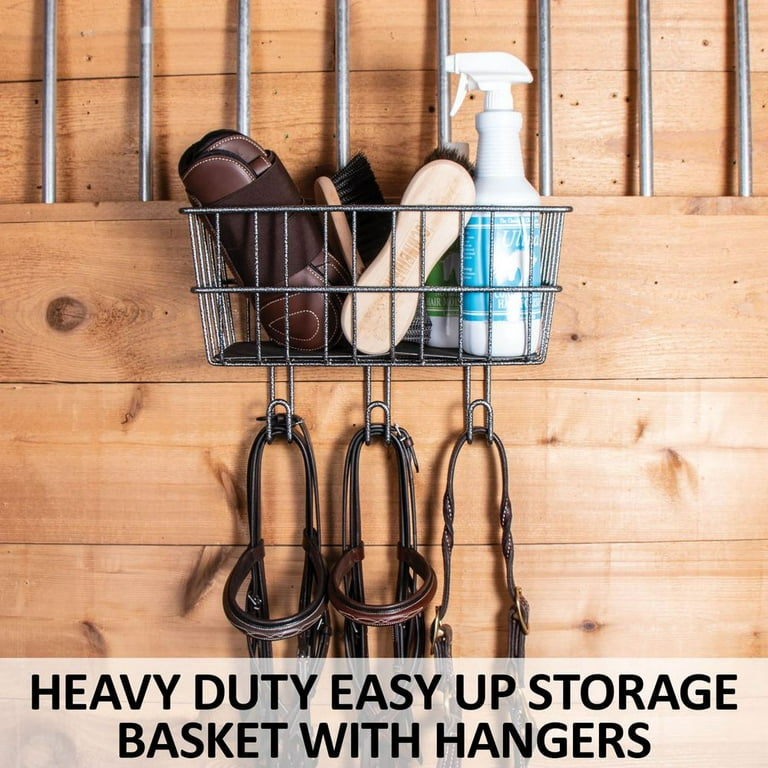 Heavy Duty Horse Tack Rack With Basket - 22" Black Powder Coated Steel Organizer With 5 Year Warranty