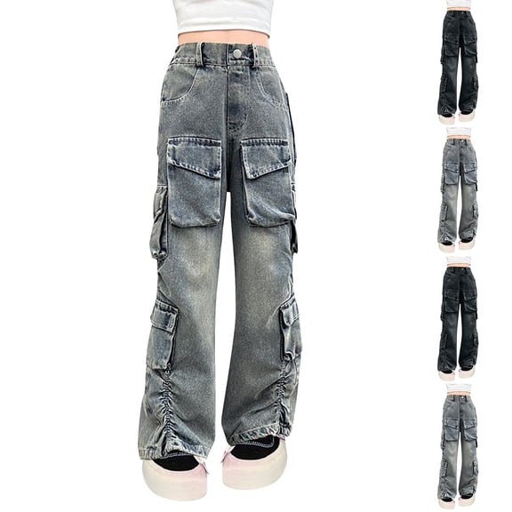 Swuxness Girls Jeans Long Pants Breathable Cargo Multi Pocket Trendy Casual Wear