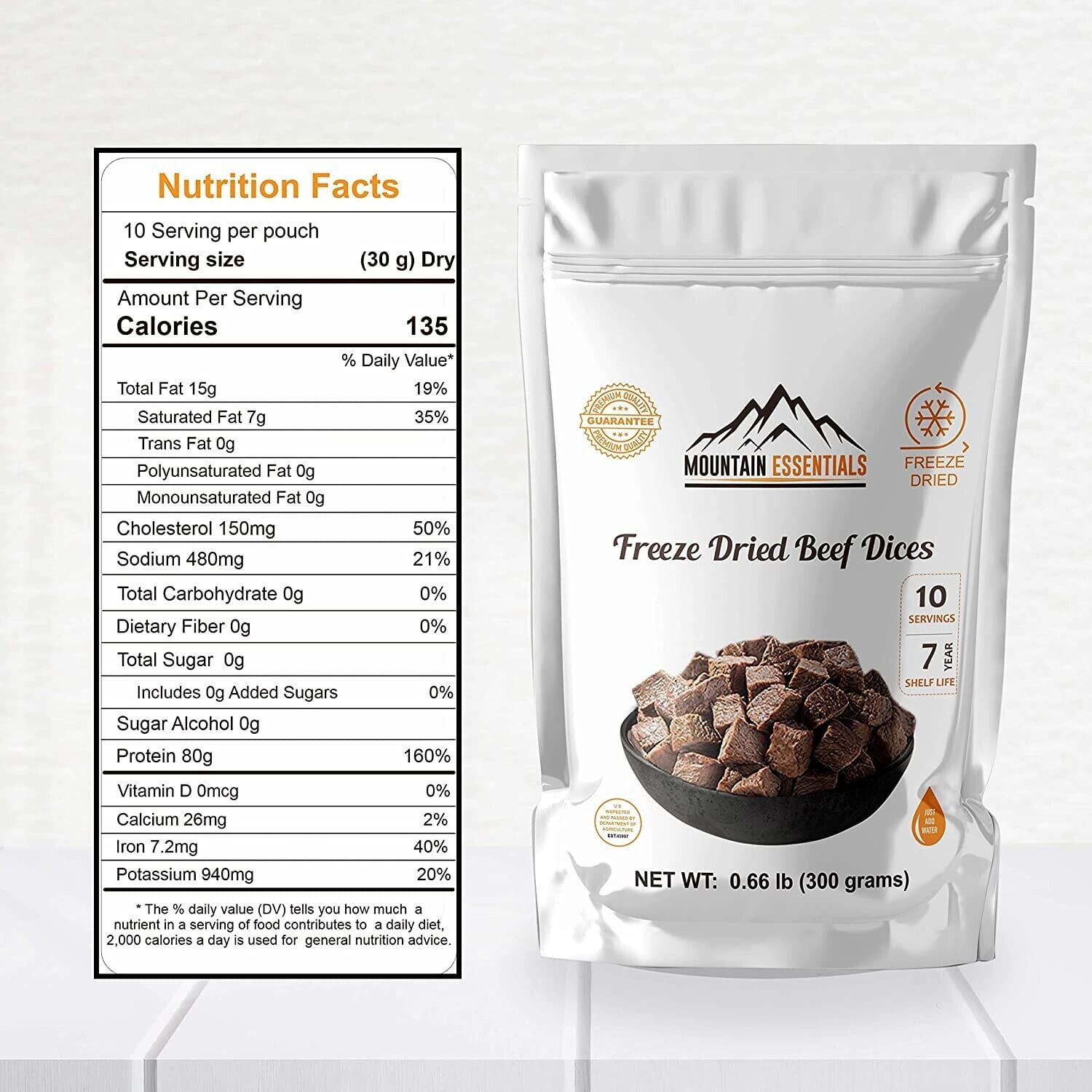 (Pack of 3) Mountain Essentials Freeze Dried Beef Dices Protein Packed Meal (300g Pouches)| Emergency Long Term Supply | Hiking, Backpacking & Camping | Easy Prep Survival Food ✅