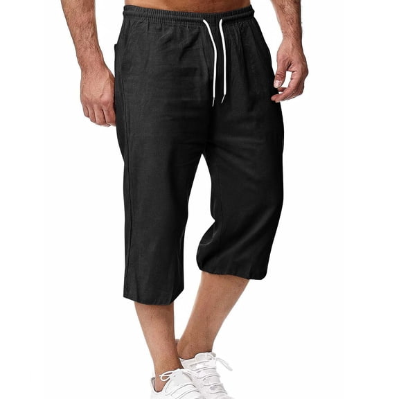 Men's Linen Capri Pants, Drawstring Casual Trousers, Solid Color Straight Leg Bottoms, Relaxed Fit Summer Outfits, Pocket Detail Cropped Clothing