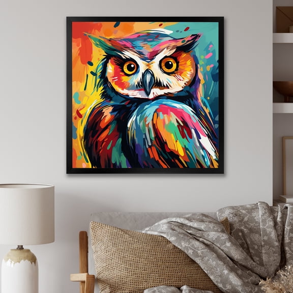 Designart "Pop Art Colorful Owl Watchers I" Animals Framed Wall Art Decor - Modern Colorful Owl Hallway Framed Wall Art Decor
