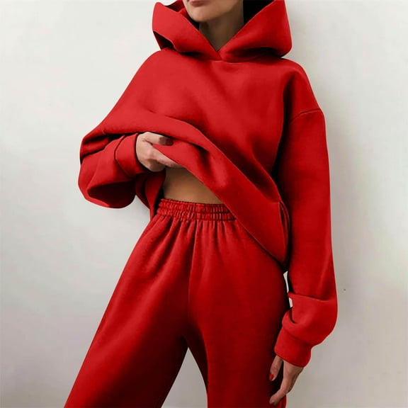 Womens 2 Piece Sweatsuits Oversized Hoodies Sweatshirt Wide Leg Sweatpants Matching Sets Lounge Tracksuits Outfits Red S