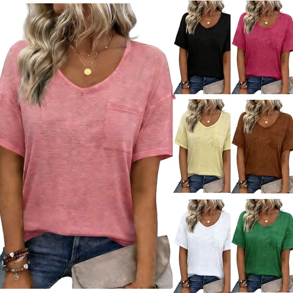 Miluxas Women's V Neck Short Sleeve T Shirt Loose Fit Casual Pullover Tops Lightweight Summer Solid Basic Tee Yellow
