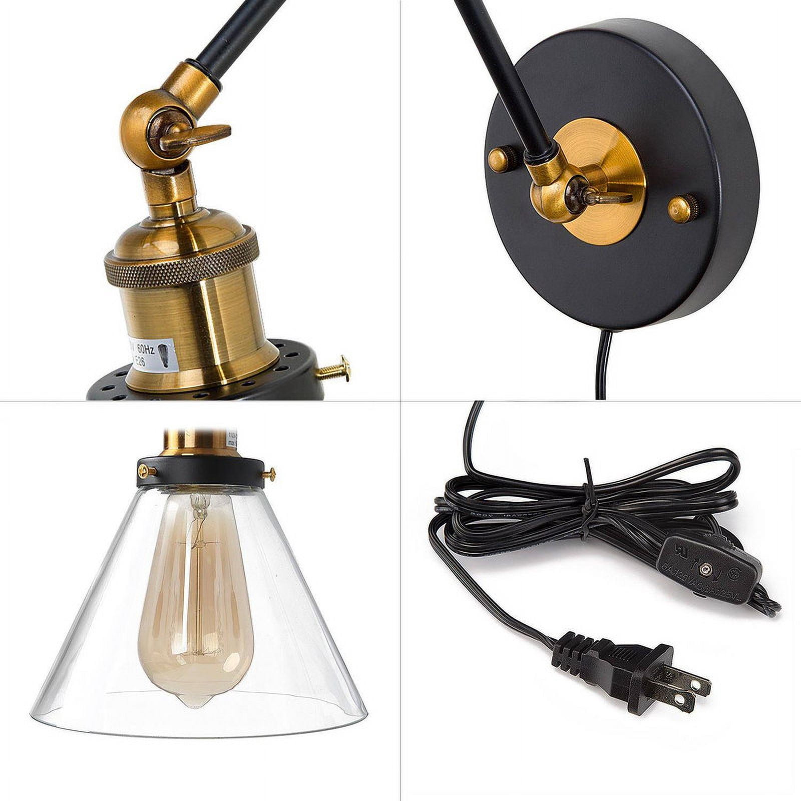 LNC 9.1-in H On/Off Switch Black Swing Arm with Glass Shade Modern Wall Lamp