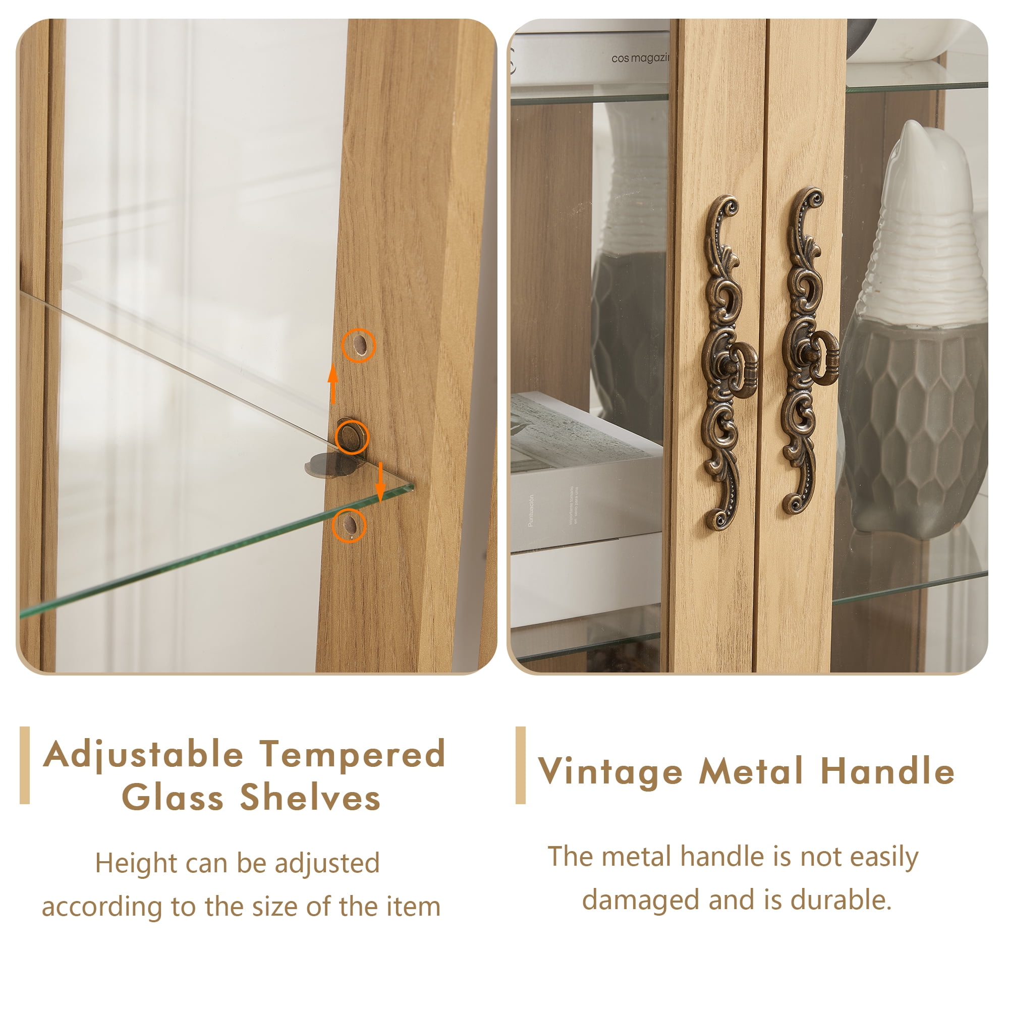Miniyam Curio Display Cabinet with Light & Tempered Glass Doors, Natural