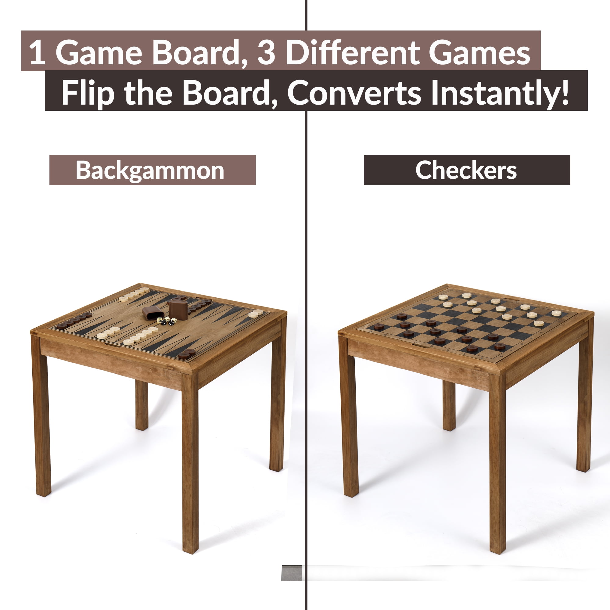 Sterling Games Wooden Chess Table with Checkers Backgammon Combo Set, Rustic Oak