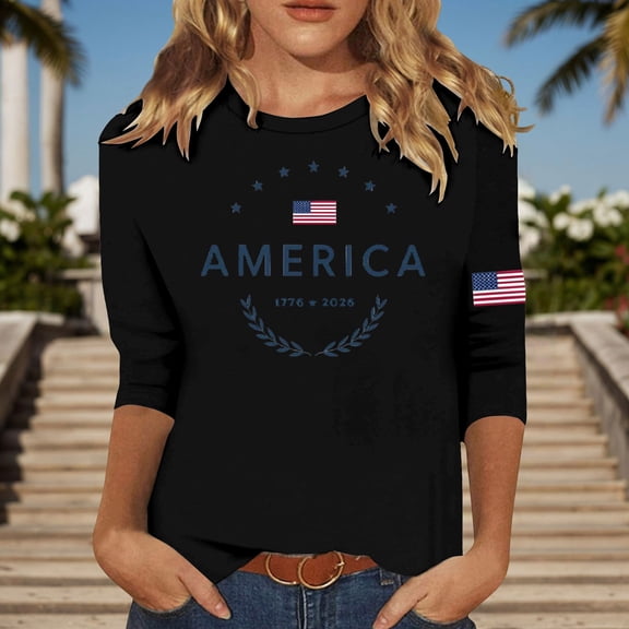 Conairie 4th of July Tops Womens Short Sleeve Crew Neck Patriotic T Shirts American Flag Print Loose Blouses Pullover Outfits Black L