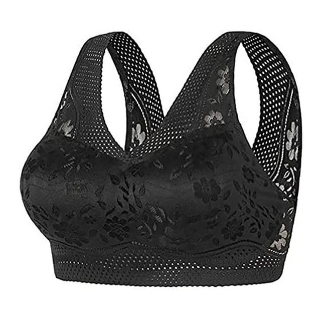 Breezora Breathable Lace Bralette Wireless Comfort Bra Back Support Lightweight Everyday Wear with Removable Padding XL Size Black