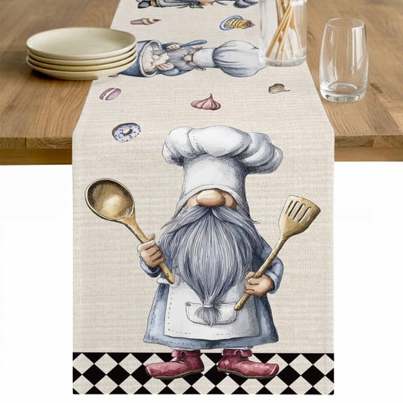 Black White Vintage Gnomes Table Runner - 48 Inch Long Checkered Retro Art Rustic Cotton and Linen Blended Dress Scarves Farmhouse Table Runner for Kitchen Dining, Coffee Table, 13" x 48"