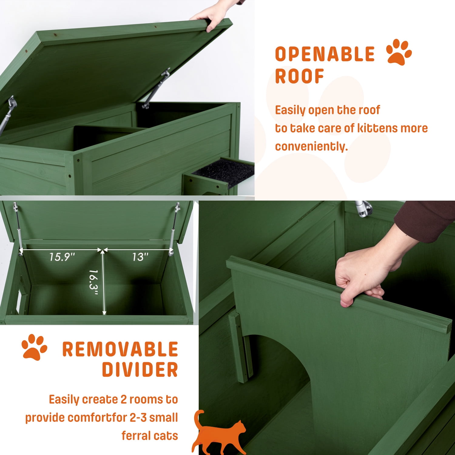 Outdoor Cat House Insulated for Multiple Cats, Weatherproof Large Wooden Pet House, Feral Cat Shelter, Foldable Ladder and Acrylic Side Window, Dark Green