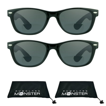 Sunglass Monster 2 pairs of BIFOCAL Sunglasses Readers with 80’s Retro Classic Black Frame with Stud for Men and Women. NOT Full lens Reading