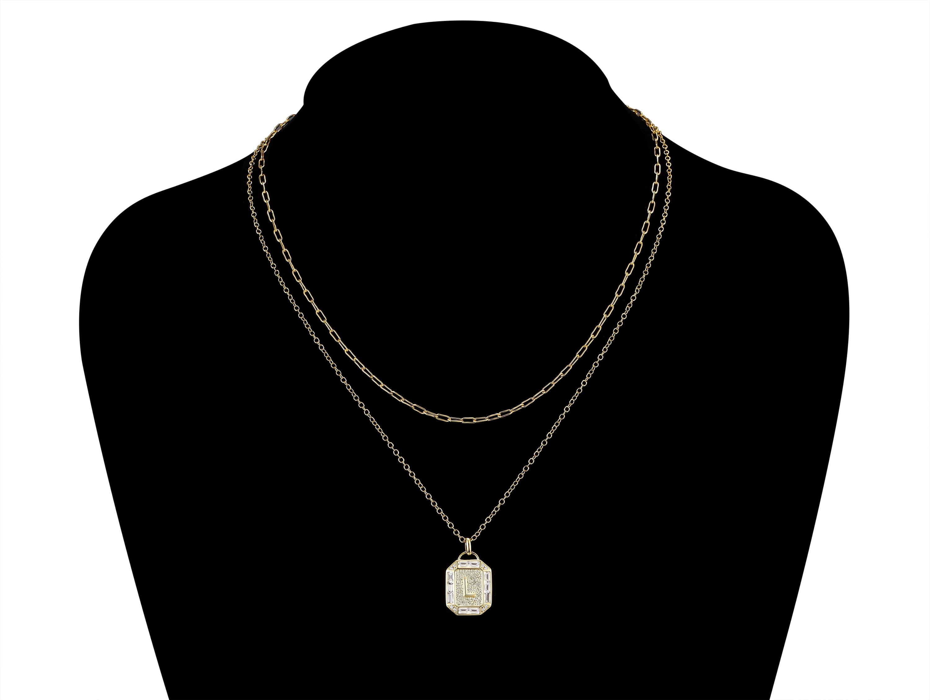 Adult 14KT Gold Flash Plated Initial Double Necklace Set with Simulated Diamonds