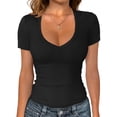 thumbnail image 2 of JoveMarine Women's Slim Fit V-Neck Short Sleeve T-Shirt Solid Color Fitted Tee Casual Summer Top for Daily Wear Spring/Summer Black L, 2 of 5
