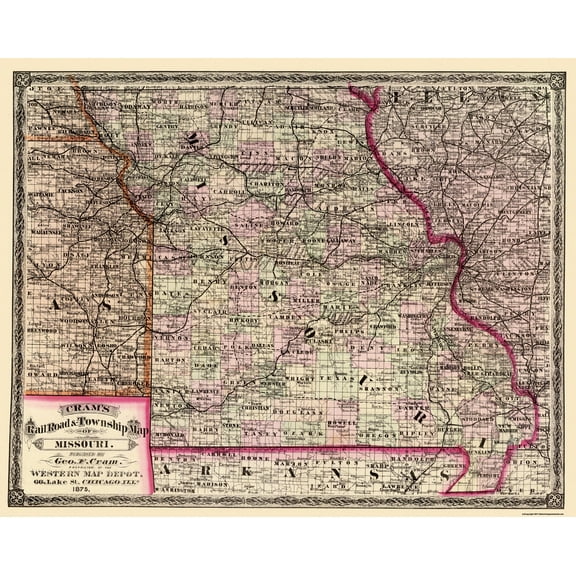 Historic State Map - Missouri - Cram 1875 - 28.81 x 23 - Vintage Wall Art