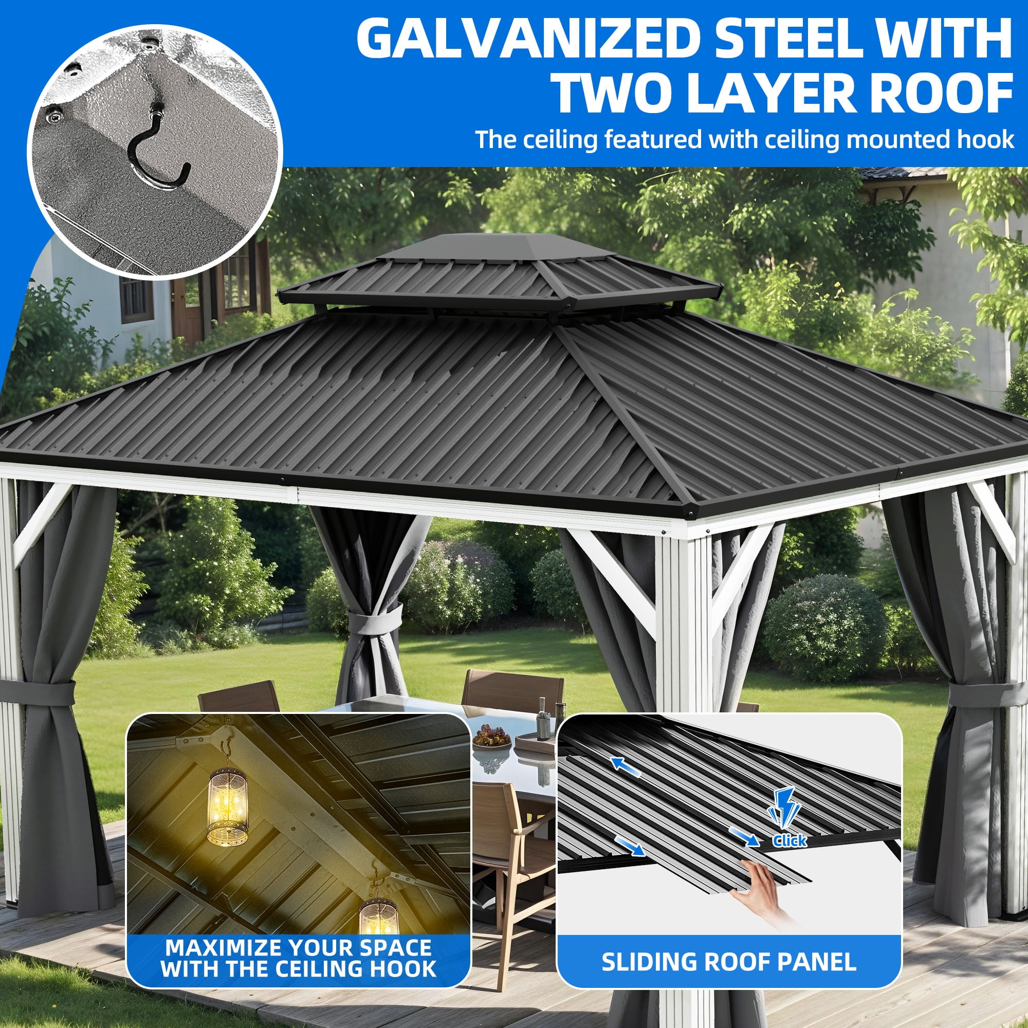 Dextrus 10' x 12'  Hardtop Gazebo with Netting & Curtains, Heavy Duty Double Roof Galvanized Steel Garden Tent for Patio, Backyard, Gray