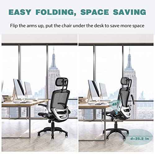 Gabrylly Ergonomic Mesh Office Chair, High Back Desk Chair - Adjustable Headrest with Flip-Up Arms, Tilt Function, Lumbar Support and PU Wheels, Swivel Computer Task Chair - image 3 of 9