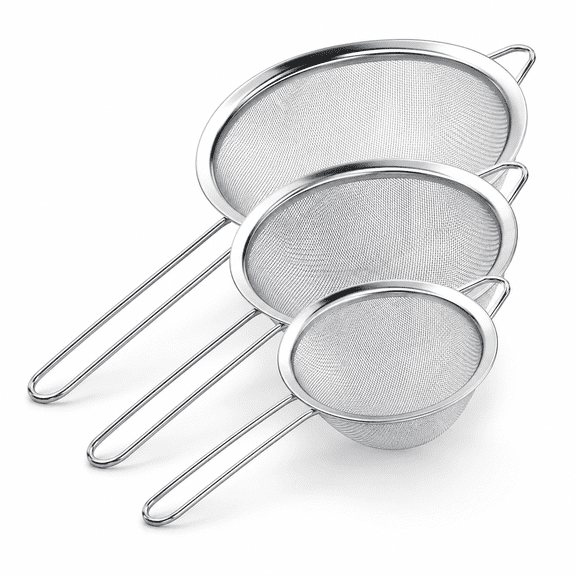 3PCS Fine Mesh Strainers Set Stainless Steel Colander Sieve Sifters with Long Handle for Kitchen Food,Small Medium Large Size for Tea Coffee Powder