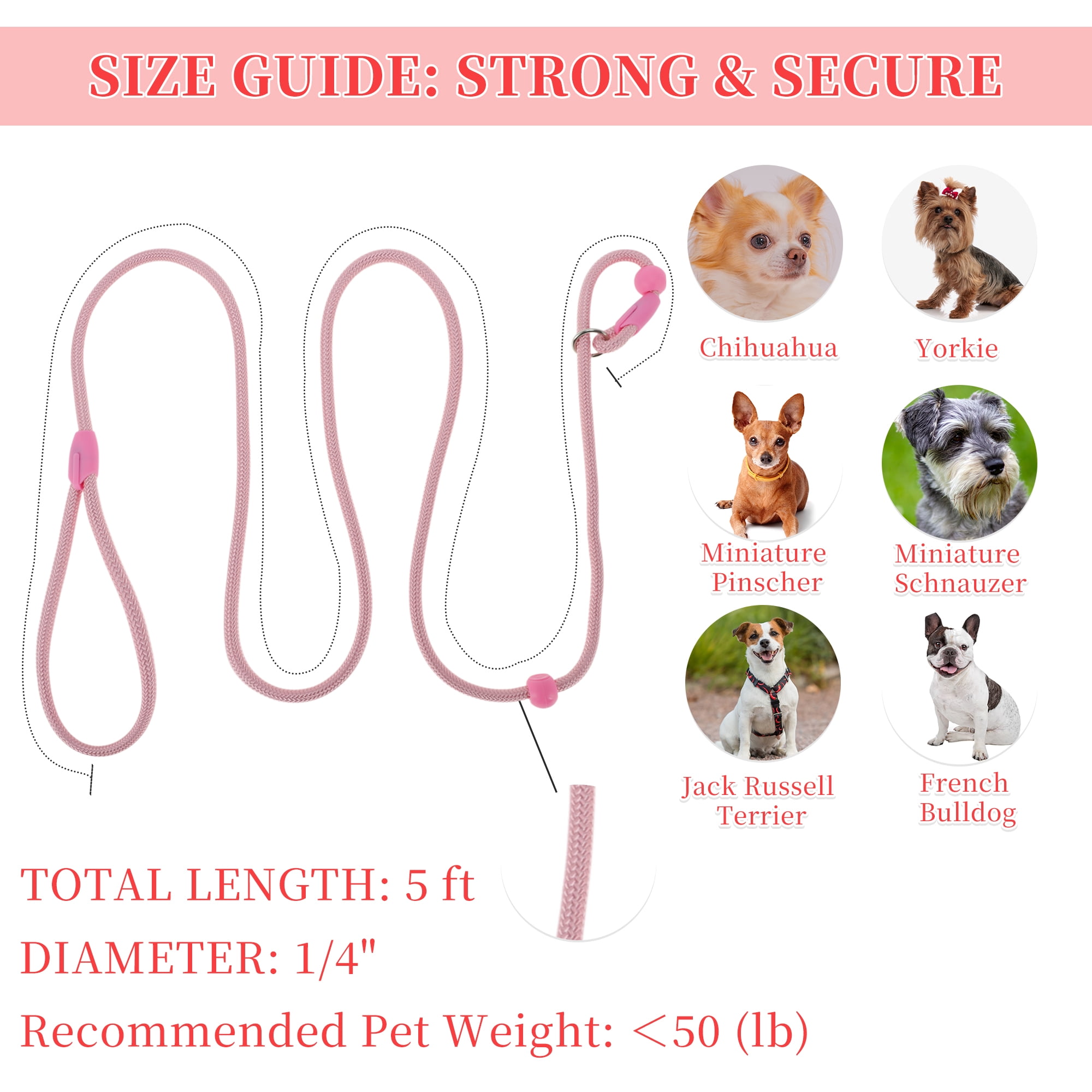 Unique Bargains Slip Leash for Dogs No Pull Heavy Duty Training Leash Medium Pink 5ft