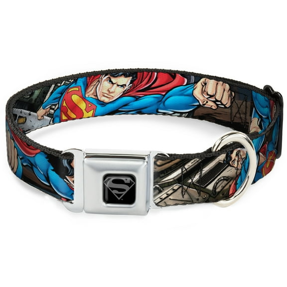 DC Comics Pet Collar, Dog Collar Metal Seatbelt Buckle, Superman Metropolis Face Off, 9.5 to 13 Inches 1.0 Inch Wide
