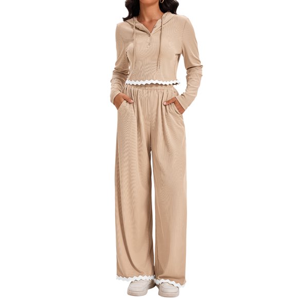 Conjuntos de dos piezas ATHLECHIC para mujeres, sudadera recortada de punto acanalado con medio botón y pantalones de pierna ancha, conjuntos de lounge casual M Khaki