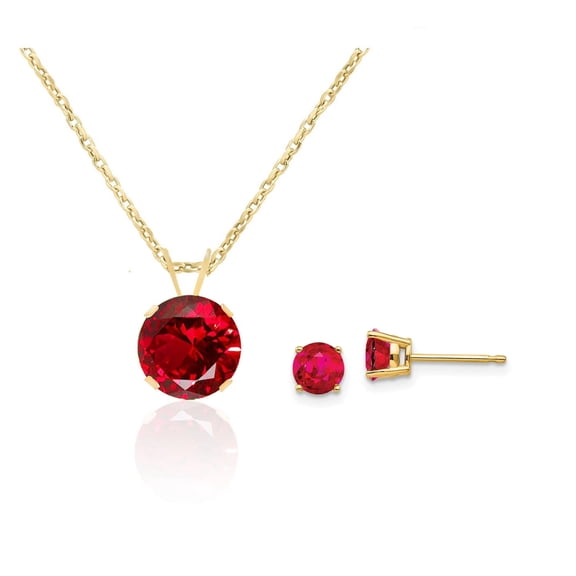Paris Jewelry 18K Yellow Gold 4ct Ruby Round 18 Inch Necklace and Earrings Set Plated