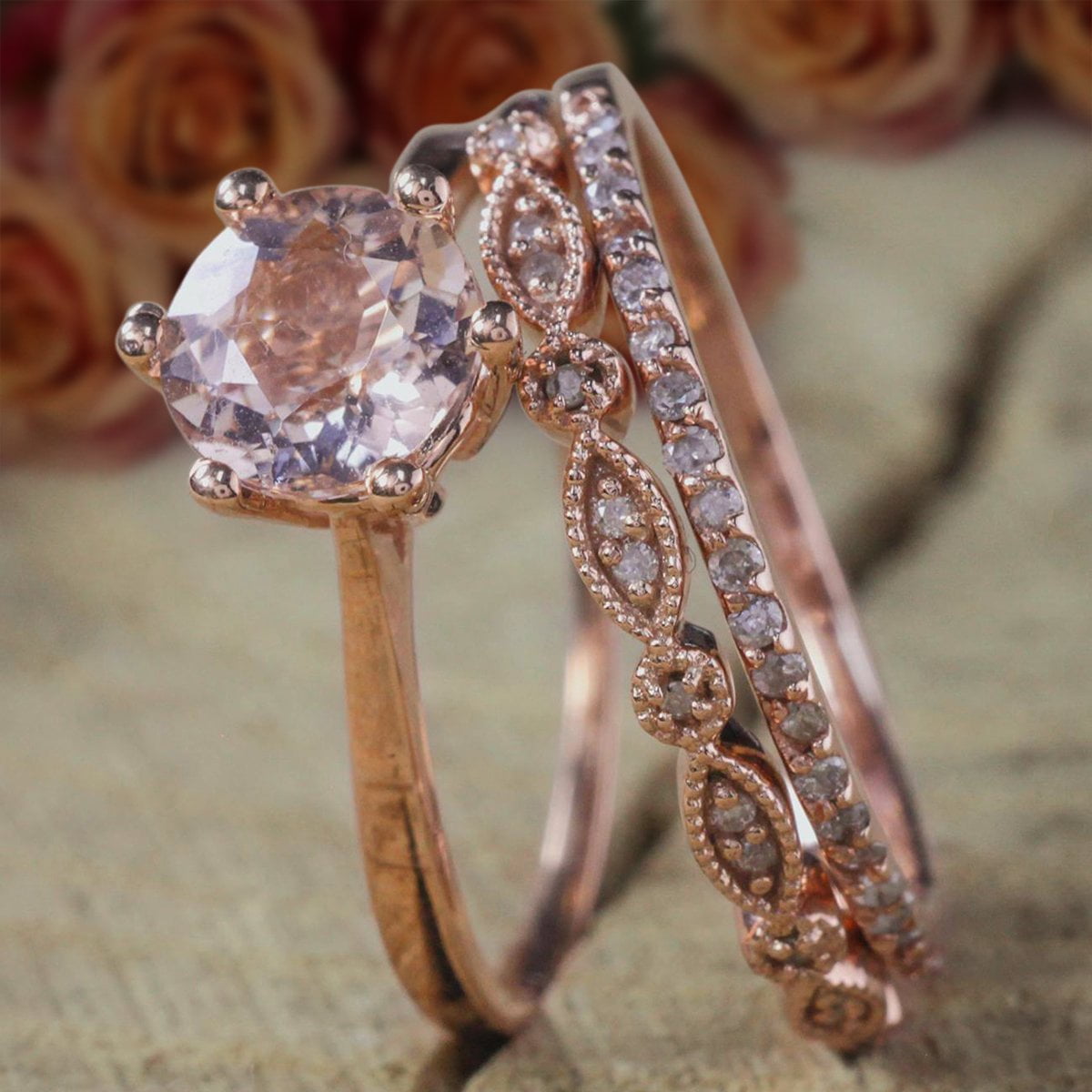 10K Solid Gold Details about   NEW Pink Morganite & Diamond Stackable Ring Band 