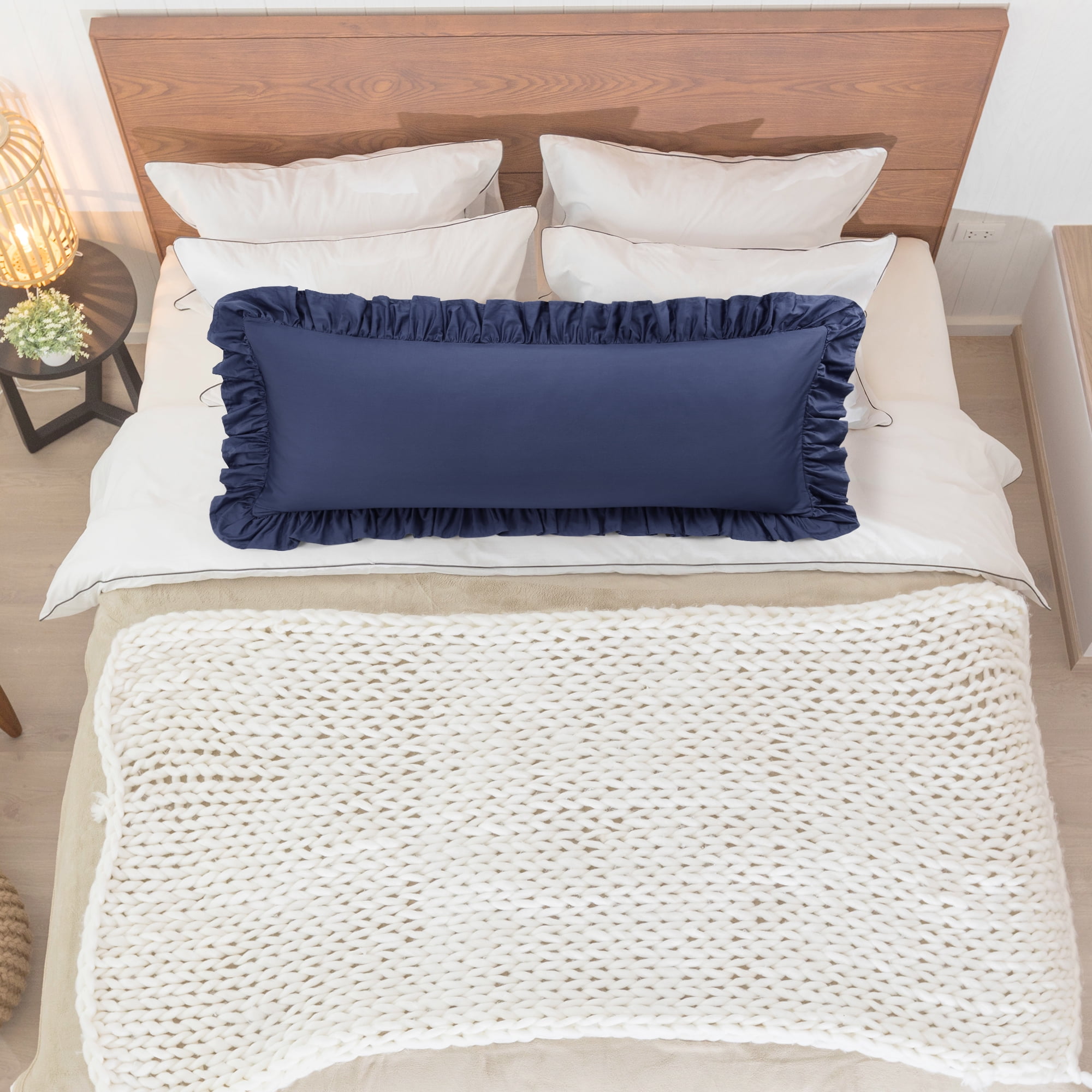 Unique Bargains 1Pc 100% Cotton Envelope Closure Body Ruffled Pillowcase Navy Blue 20"x48"