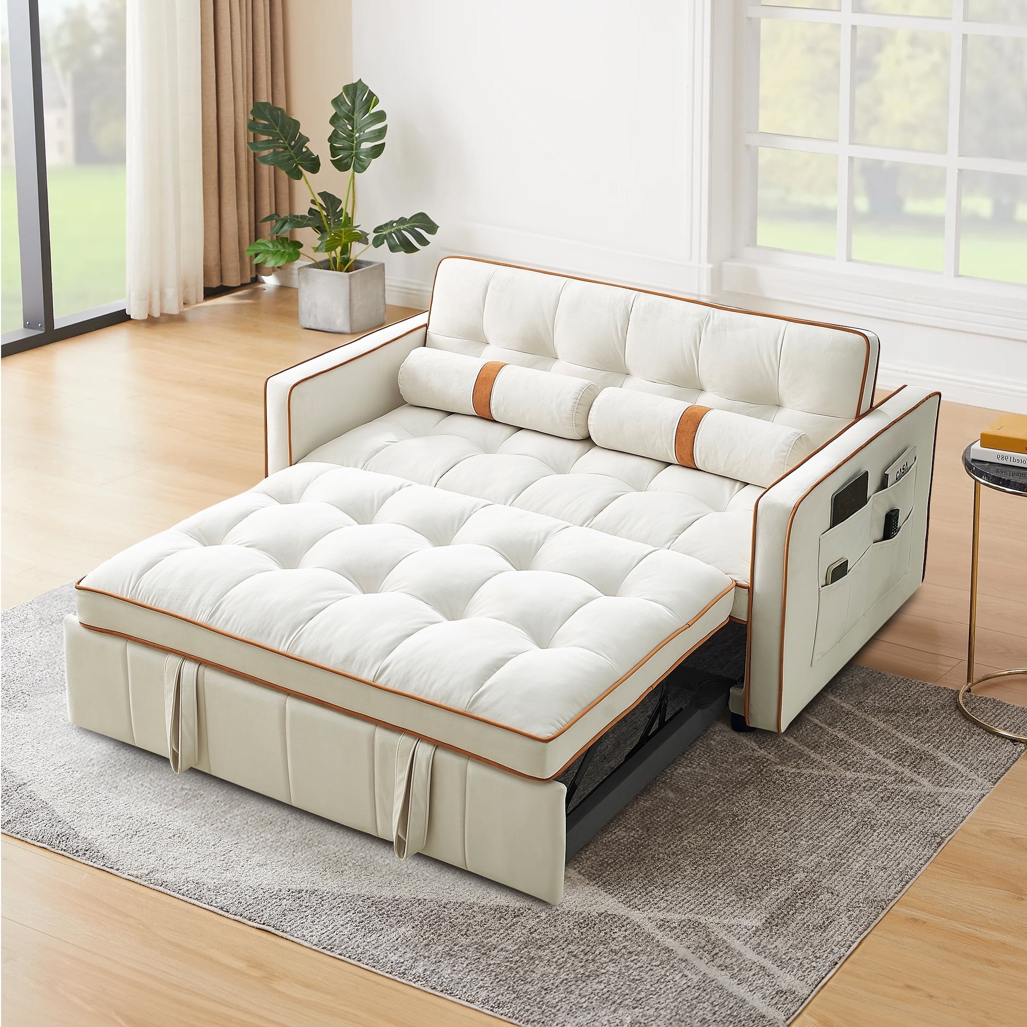 Muumblus 55" Pull Out Sofa Bed - Tufted Velvet Convertible Loveseat Sleeper Sofa Couch for Living Room, Beige