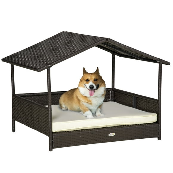 PawHut Elevated Rattan Dog Bed Pet Home Indoor Outdoor Wicker Dog Cot Dog House Pet Furniture Sofa Bed with Padded Cushion and Roof Shelter Cream White