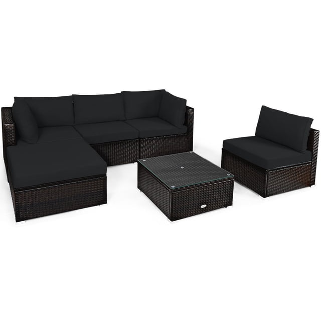 Patiojoy 6PCS Patio Rattan Furniture Set Outdoor Sectional Sofa Set w/Coffee Table & Ottoman Black