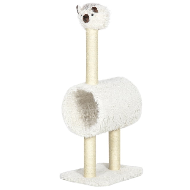 PawHut 37.4" Cat Tree, Alpaca-shaped Kitty Activity Center, Cat Climbing Toy with Tunnel Sisal Scratching Post, Cream