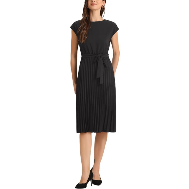Vestido plisado sin mangas de cuello redondo para mujer Inspire Chic, con cinturón en la cintura, corte A, talla XS, color negro