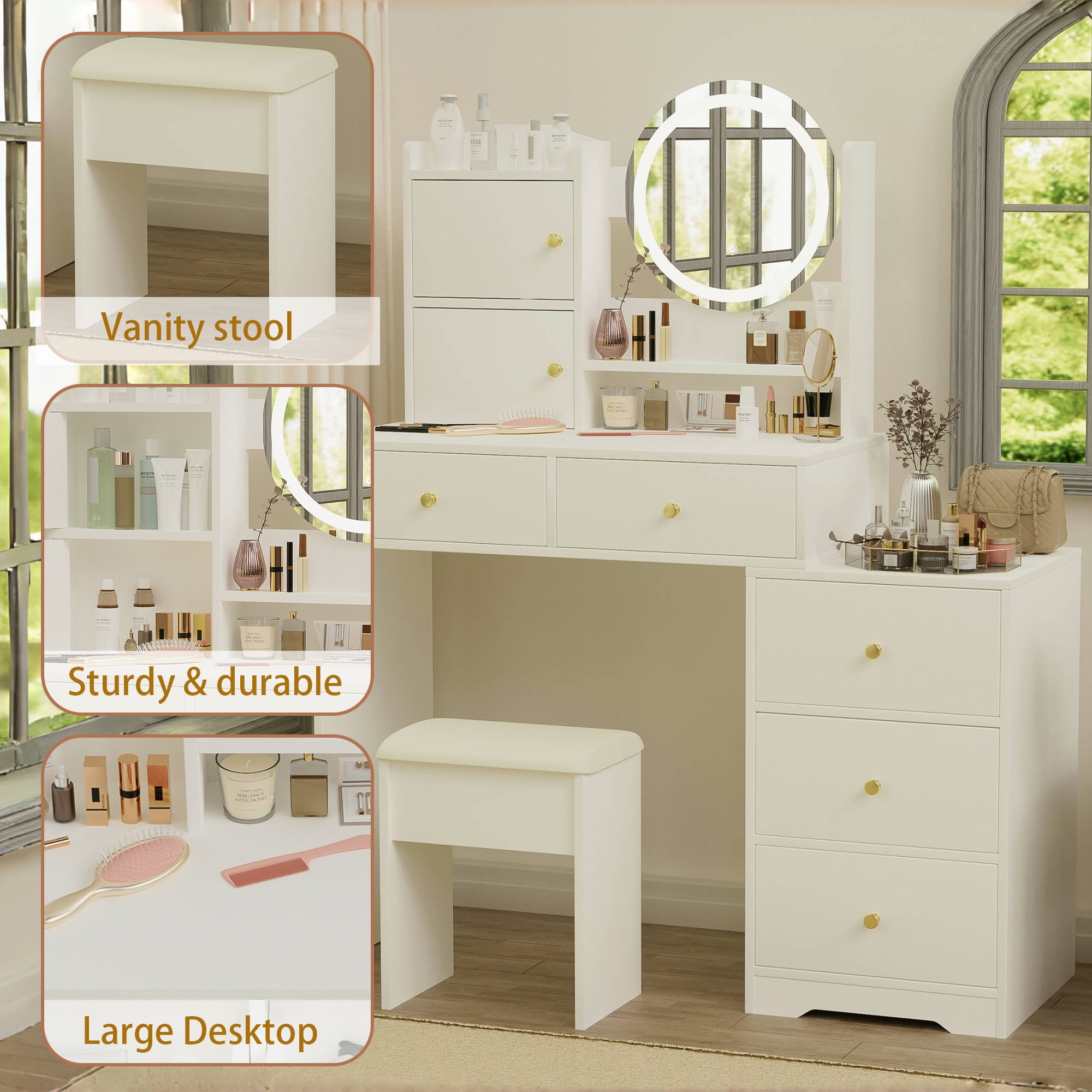 Makeup Vanity Desk with Mirror and Lights Dressing Table with 5 Drawers Bedroom Storage Cabinet