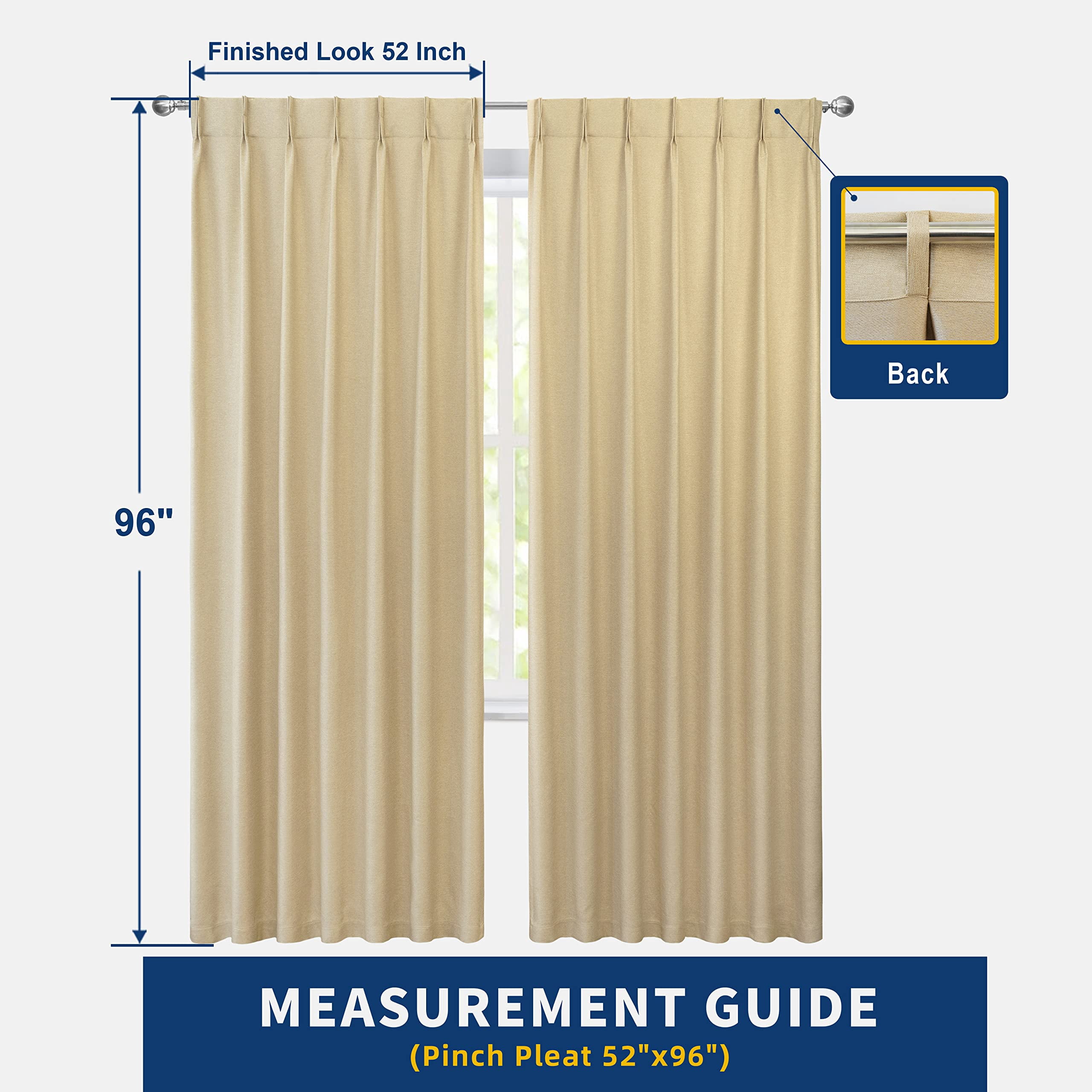 DriftAway Pinch Pleat Blackout Curtains 96 Inches Long 2 Panels Set Faux Linen Textured Curtains for Bedroom Living Room Thermal Insulated Privacy Back Tab Window Drapes 52x96 Beige
