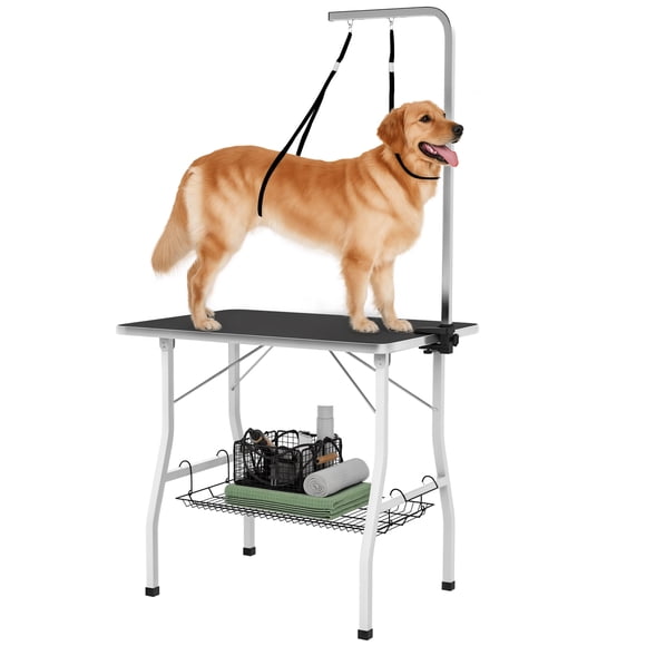 PawHut Dog Grooming Table, Pet Grooming Table w/ Adjustable Arm, Black